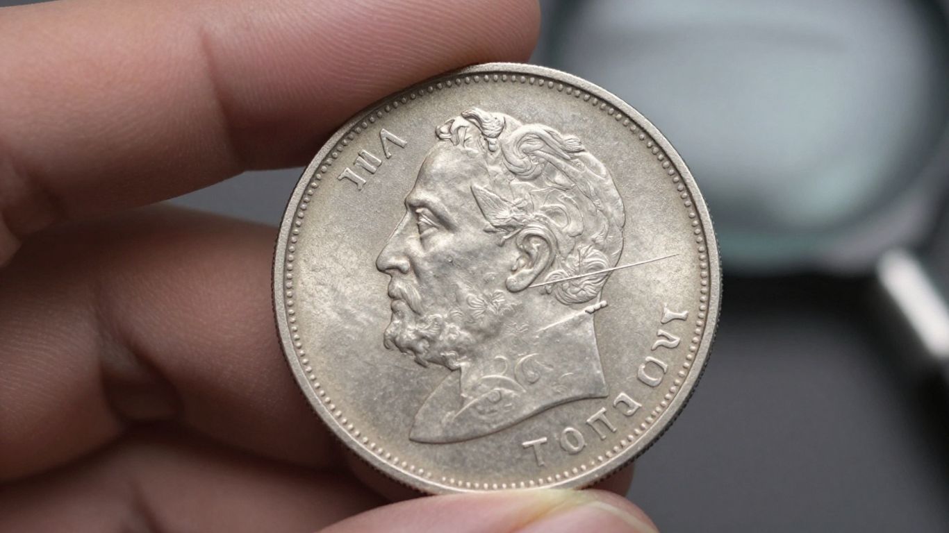 Silver coin with scratch, magnifying glass nearby.