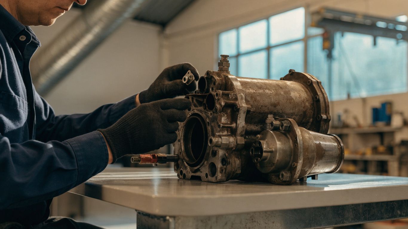Technician inspecting a used transmission in a workshop