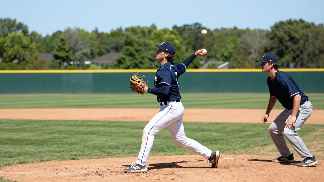 Baseball player throwing ball on sunny field
