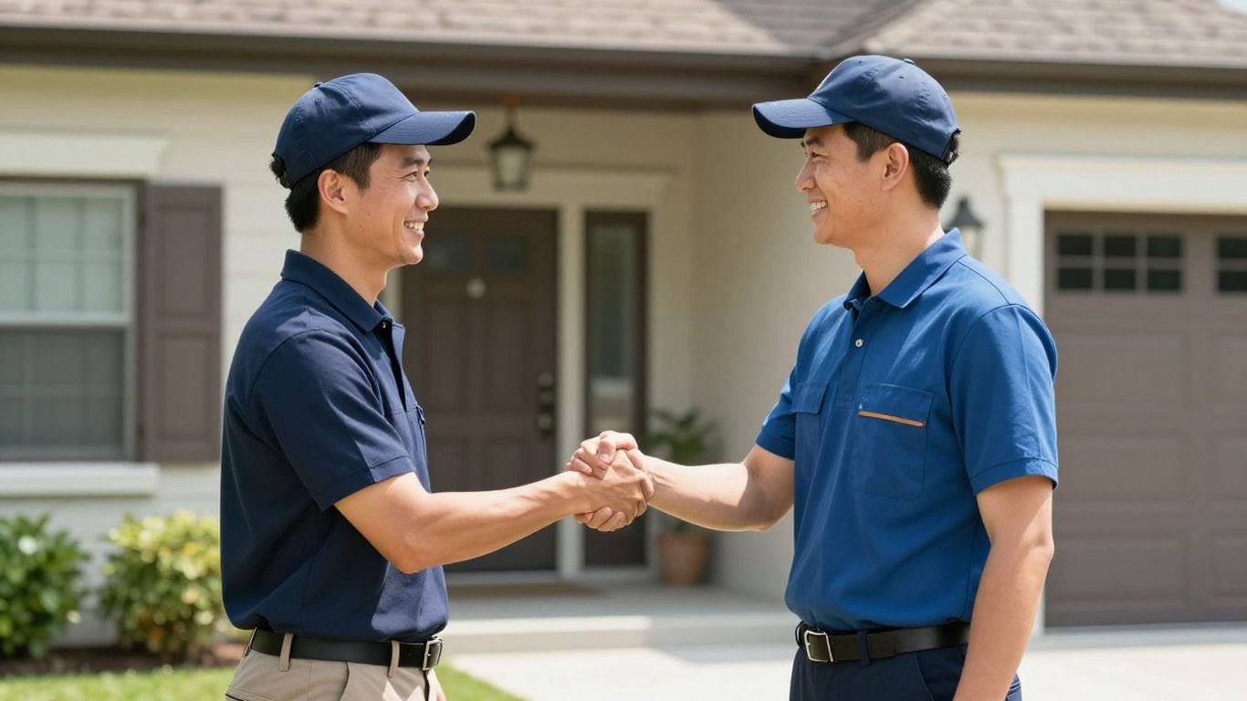 Homeowner and service professional shaking hands outside house.