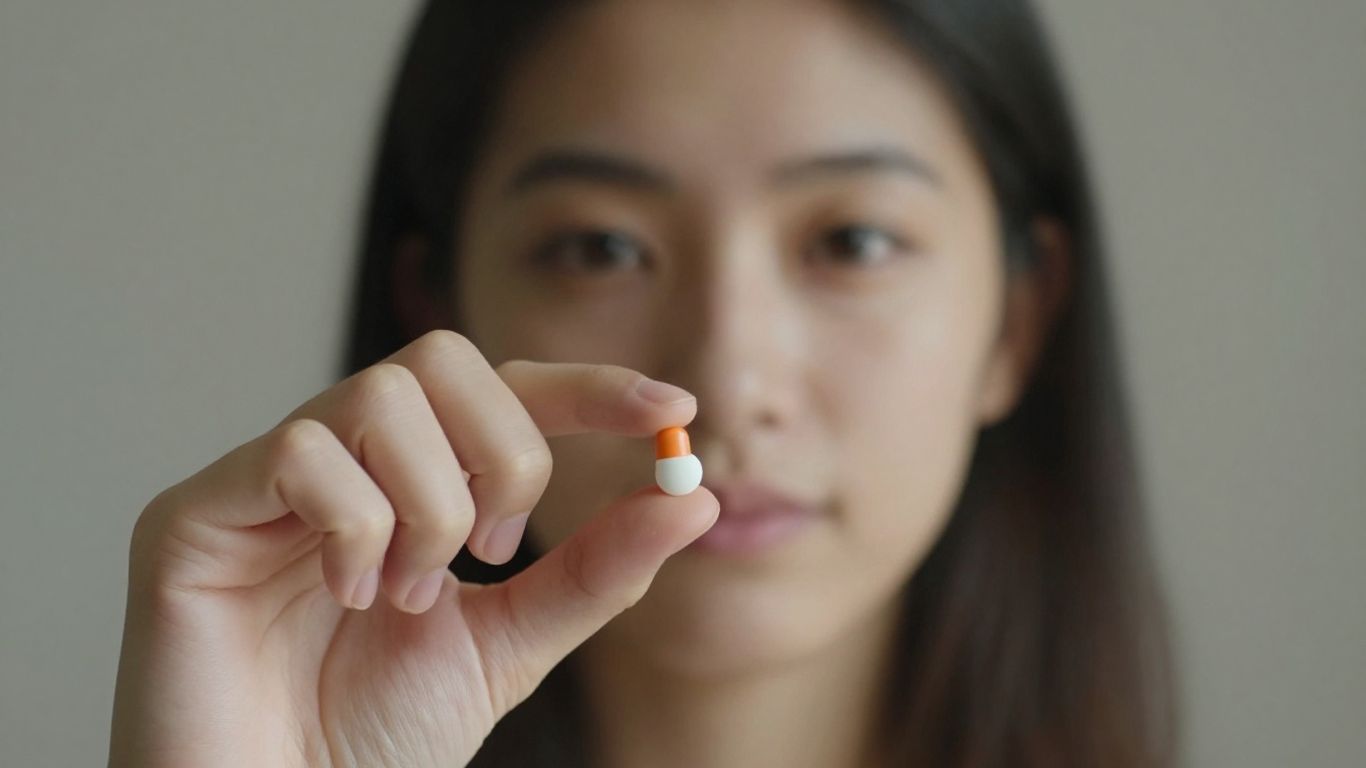 Person holding a pill, looking thoughtful.
