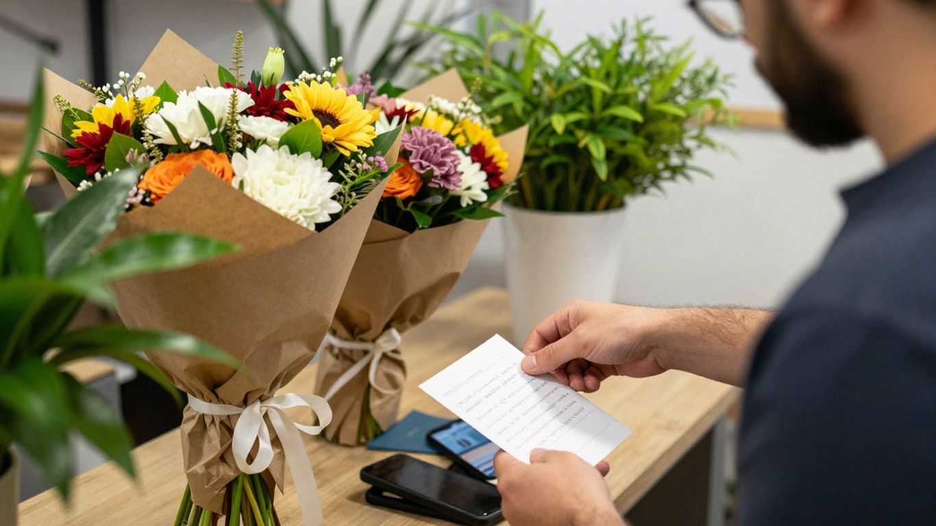 A florist preparing a bouquet for local delivery