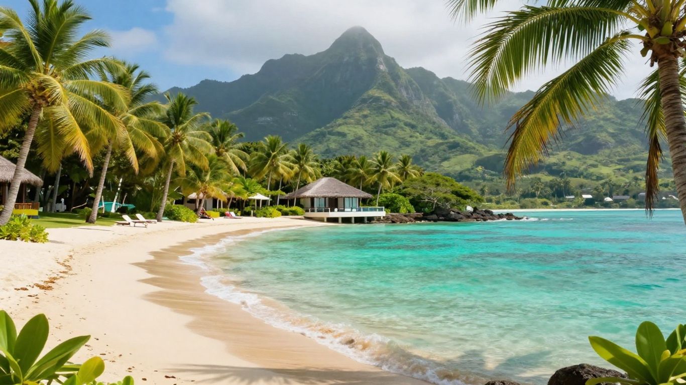 Tropical beach with palm trees and resort villa.