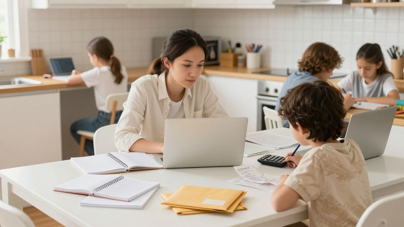Single parent reviewing household budget at kitchen table