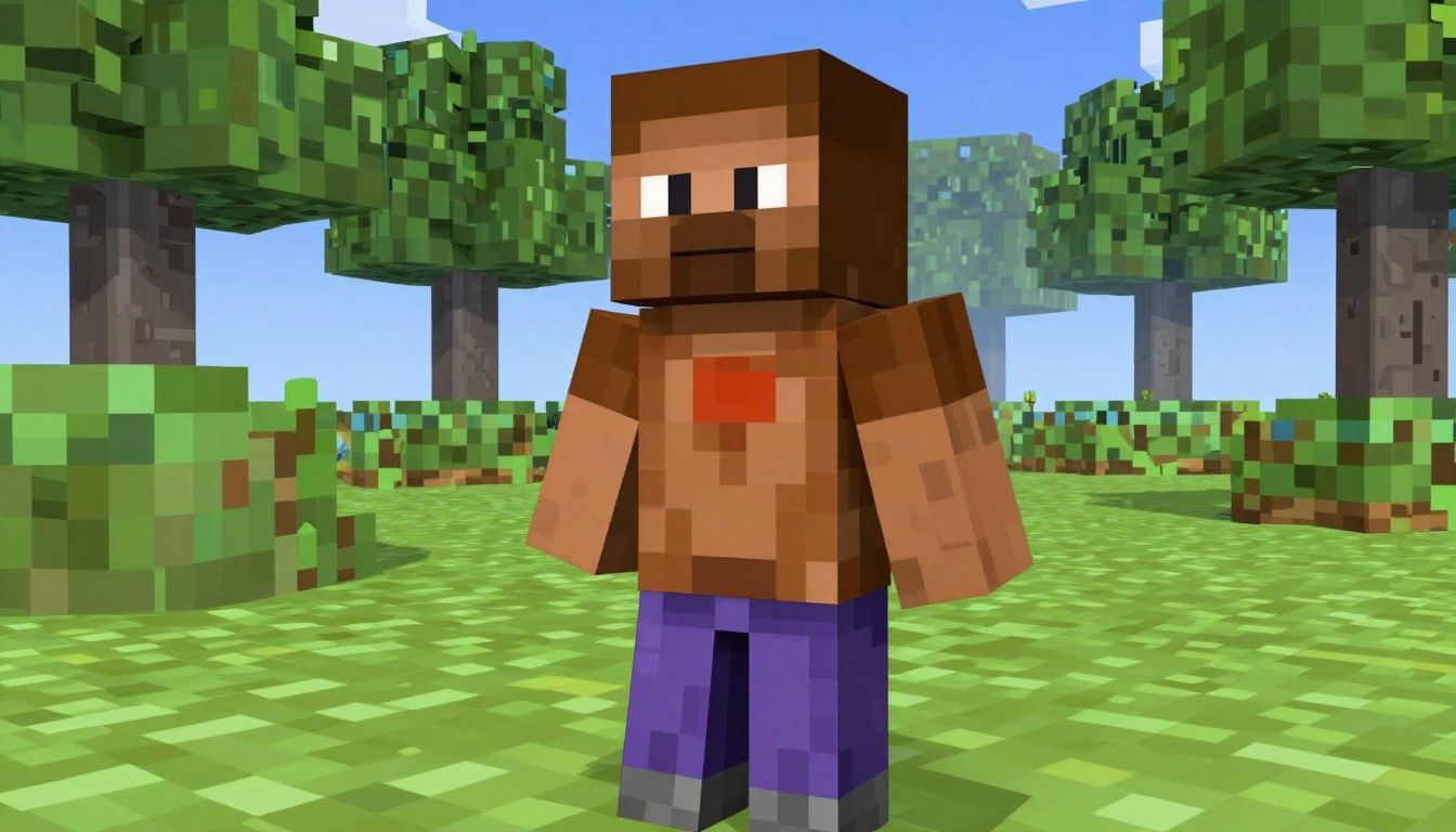 Um jogador iluminado pelo pôr do sol em um bioma de floresta clássico de Minecraft