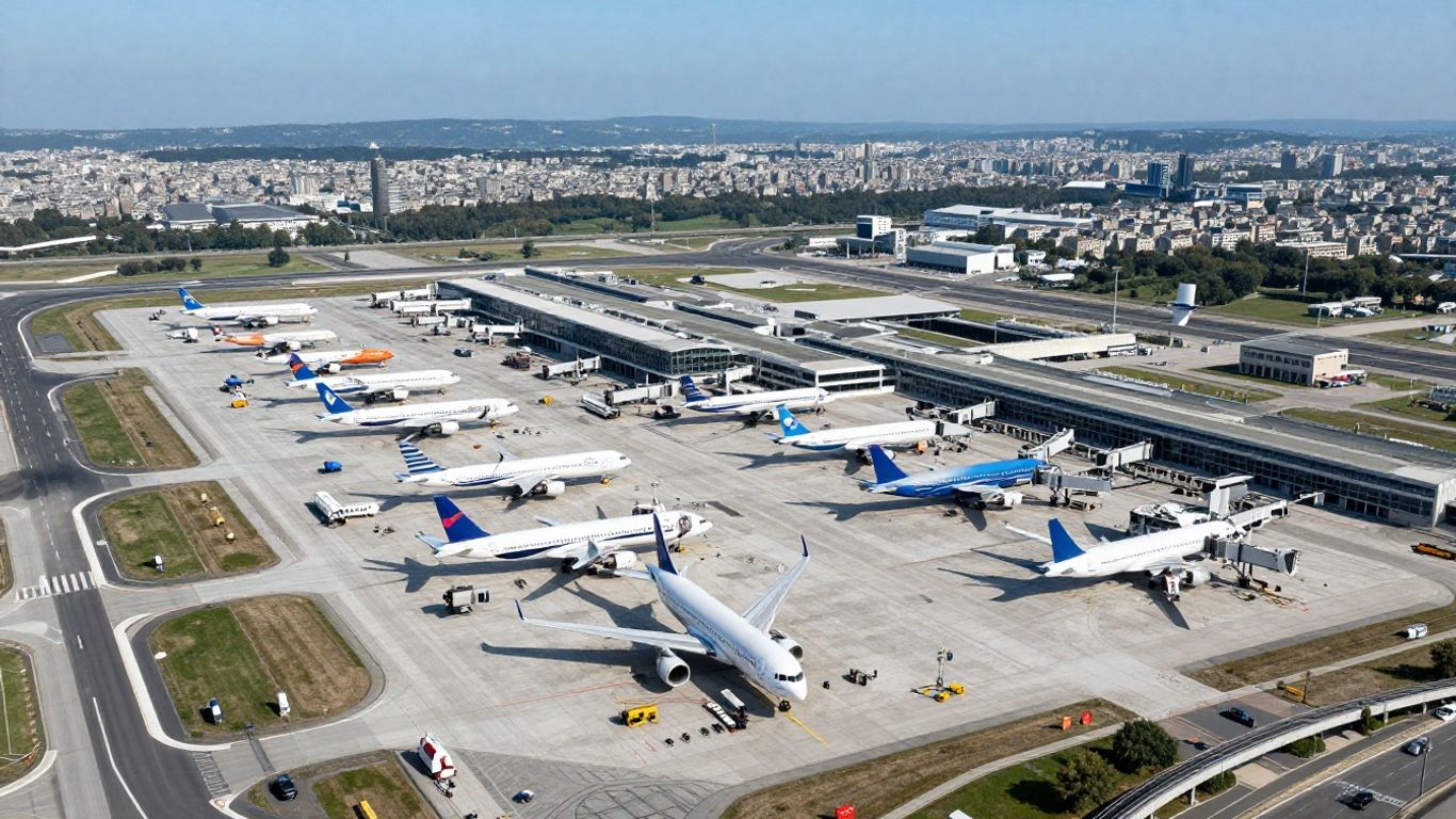 Aerial view of Paris Charles de Gaulle Airport tarmac with airplanes.