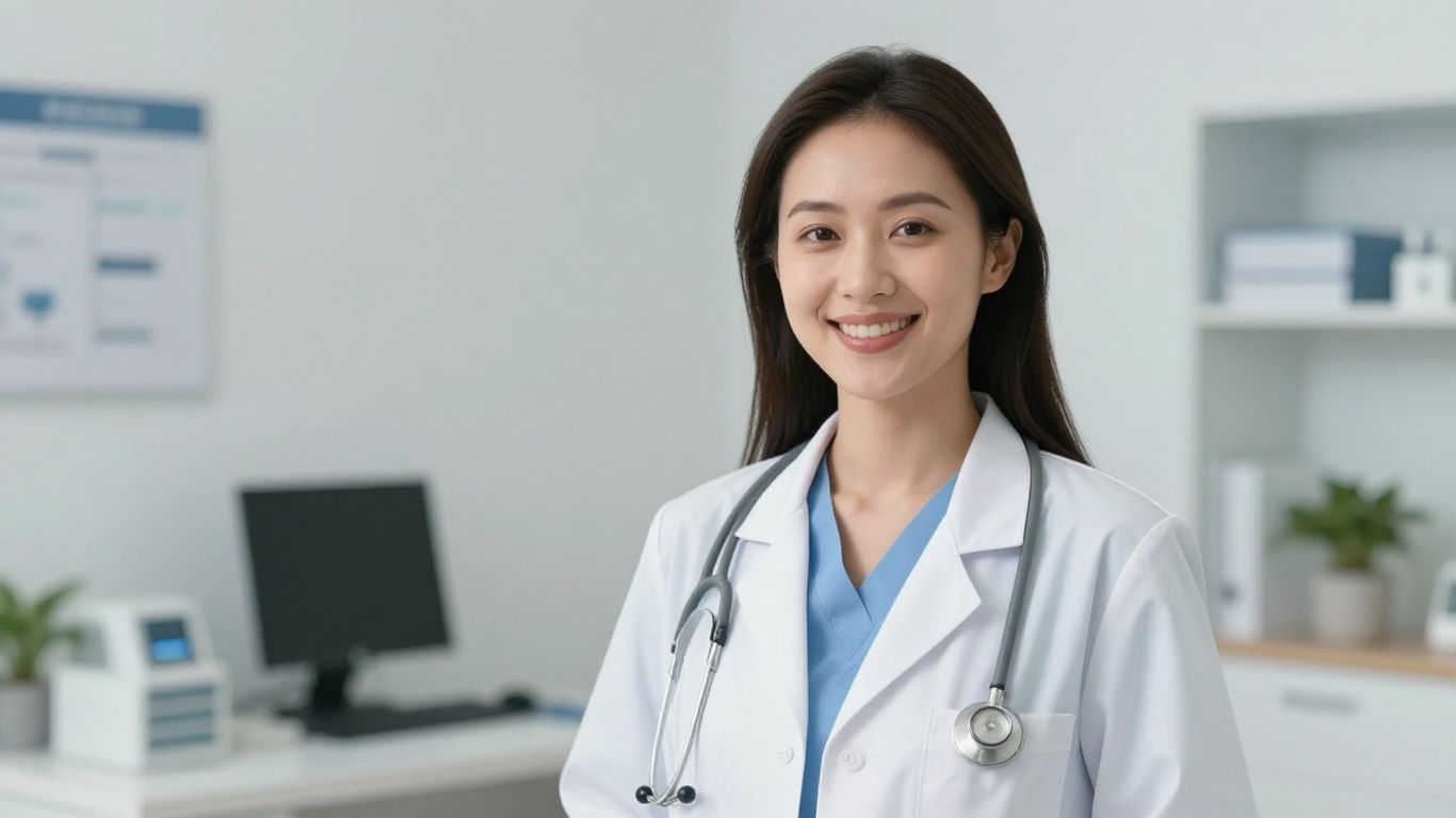 Dra. Renata Belatti sorrindo em consultório médico moderno.