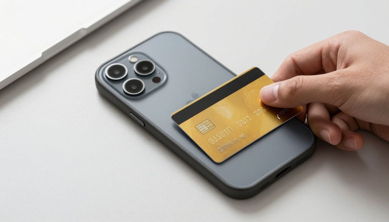 A close-up of someone's hand easily sliding a credit card out of the back of a sleek iPhone 16 Pro Max wallet case.