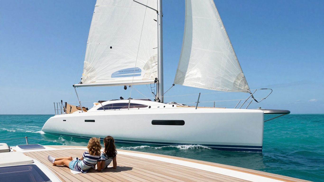 Moorings 4600 catamaran sailing on clear blue water.