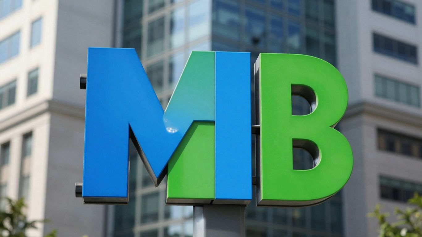 Microsoft logo with office buildings in background.