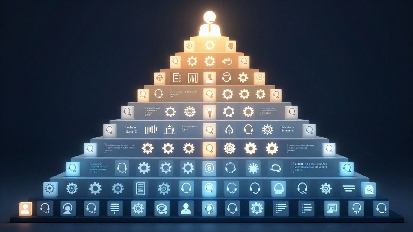 Tiered technical support structure with icons.