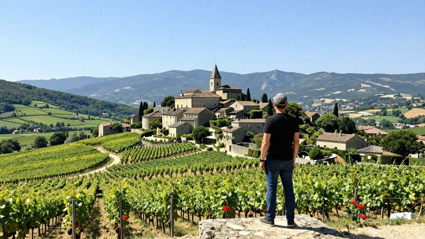 Solo traveler overlooking French vineyards and village.