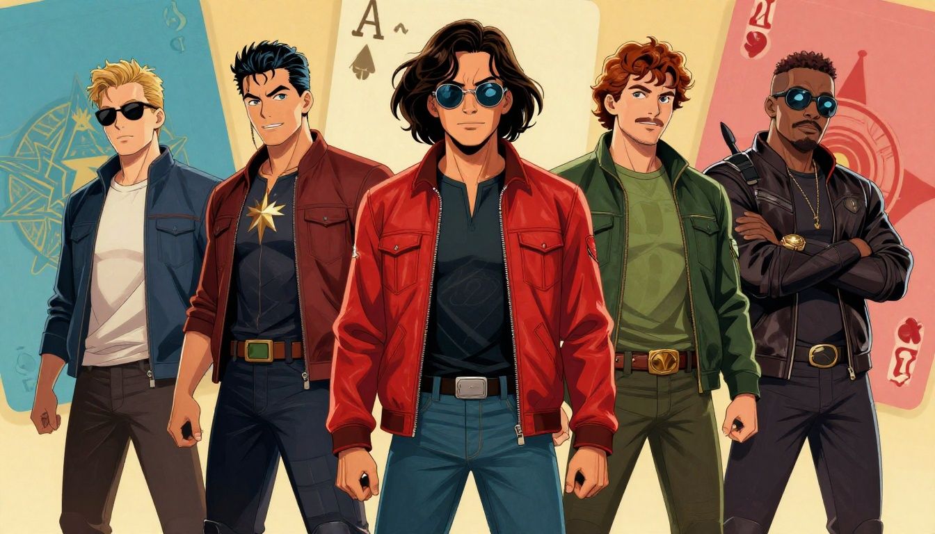 Capa cinematográfica com diversos heróis da Marvel em estilo de arte de cartas de baralho
