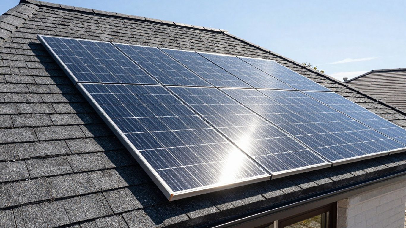 Modern house roof with integrated solar tiles.
