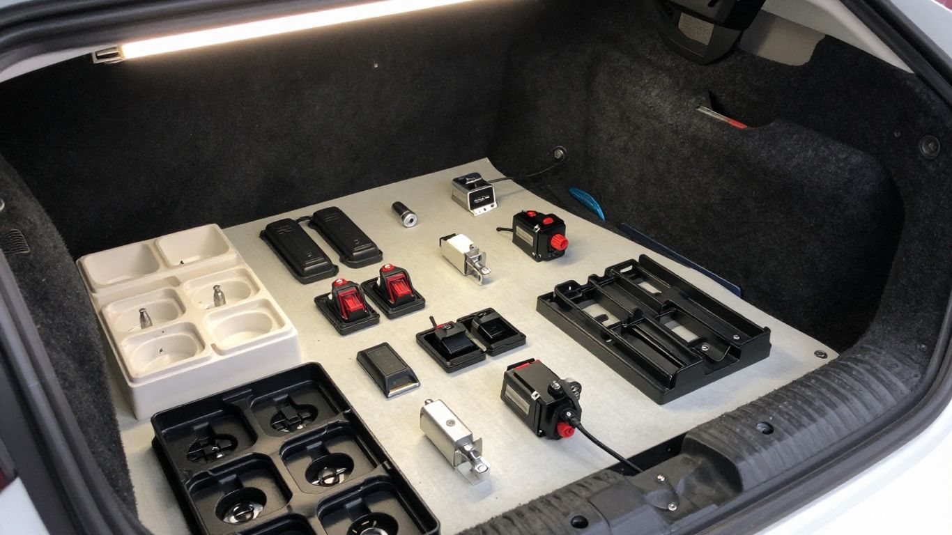 Salvaged electrical and interior components carefully organized