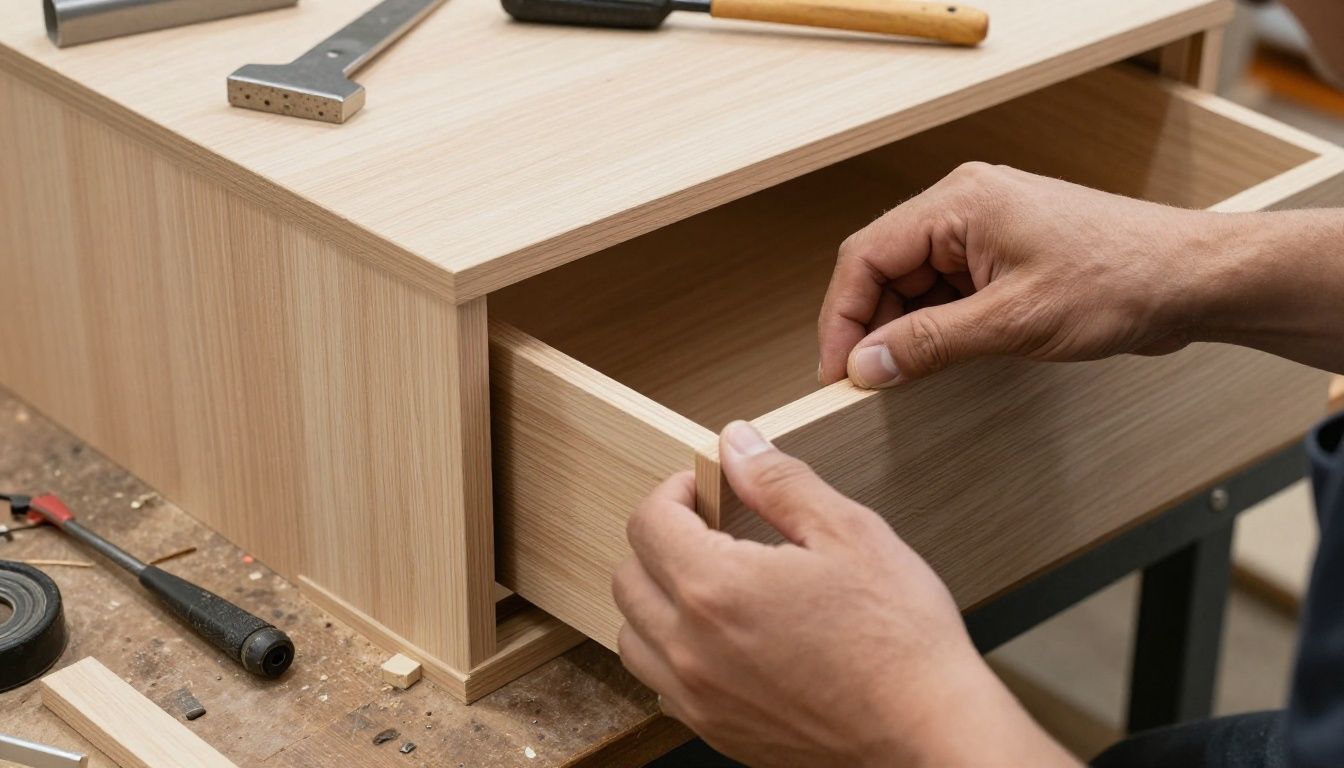 Hands assembling a custom cabinet drawer with tools on a workbench.