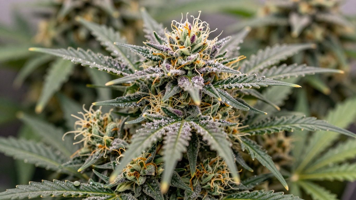 Afghan Kush cannabis buds with trichomes and orange pistils.