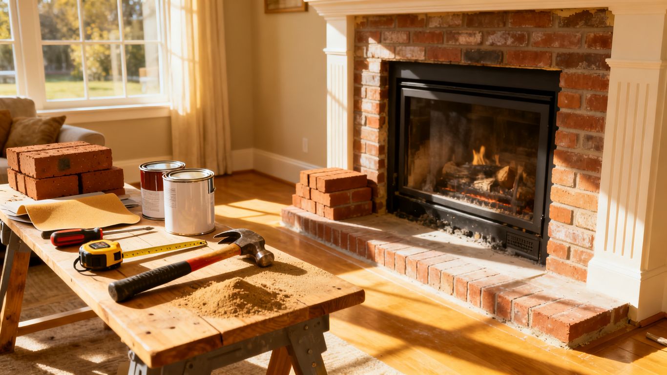 Fireplace repair and upgrade in a sunny room.