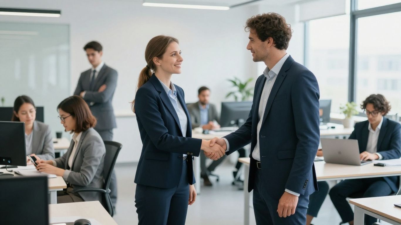 Menschen im Büro, die zusammenarbeiten und Hände schütteln.