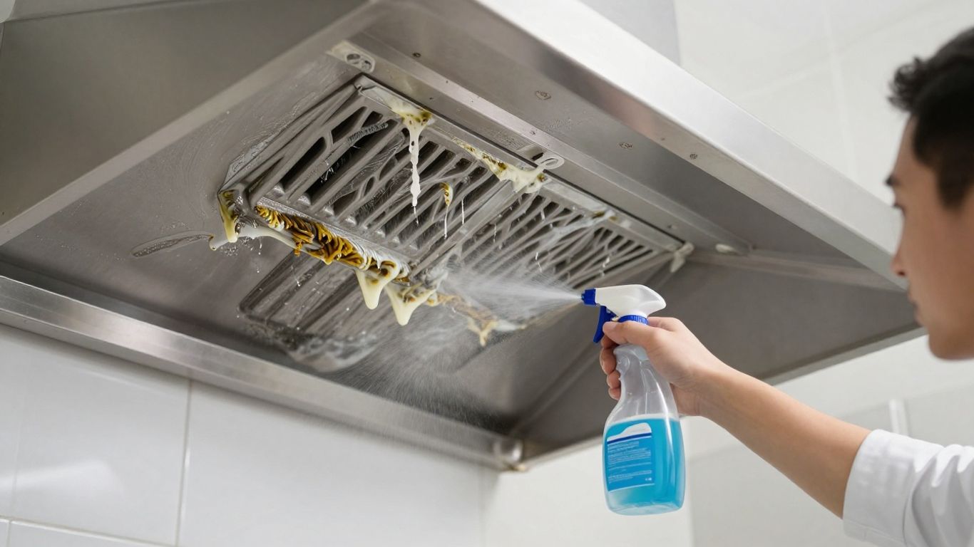 Nettoyage professionnel d'une hotte de cuisine commerciale.