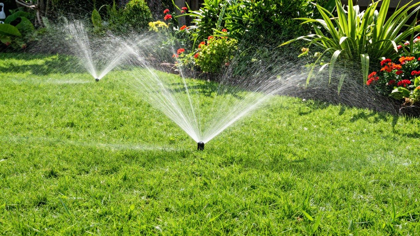 Lush green lawn with active sprinklers and colorful flowers.