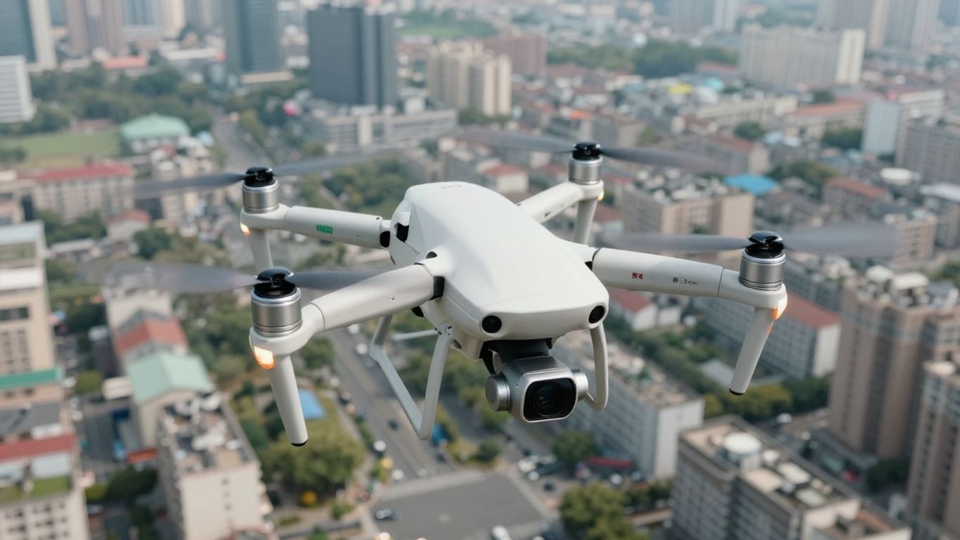 Drone flying over city buildings.