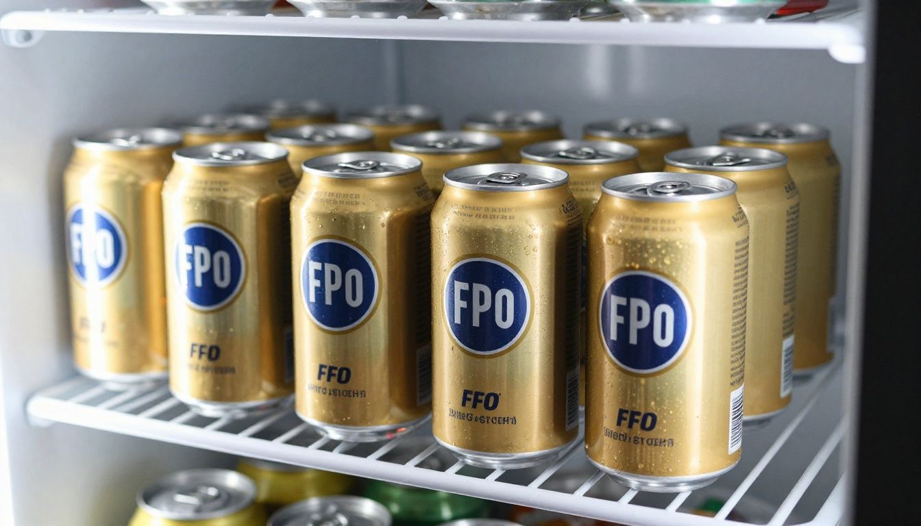 A U-Beverage Tray loaded with cans on a refrigerator shelf, showing the FIFO rotation in action.