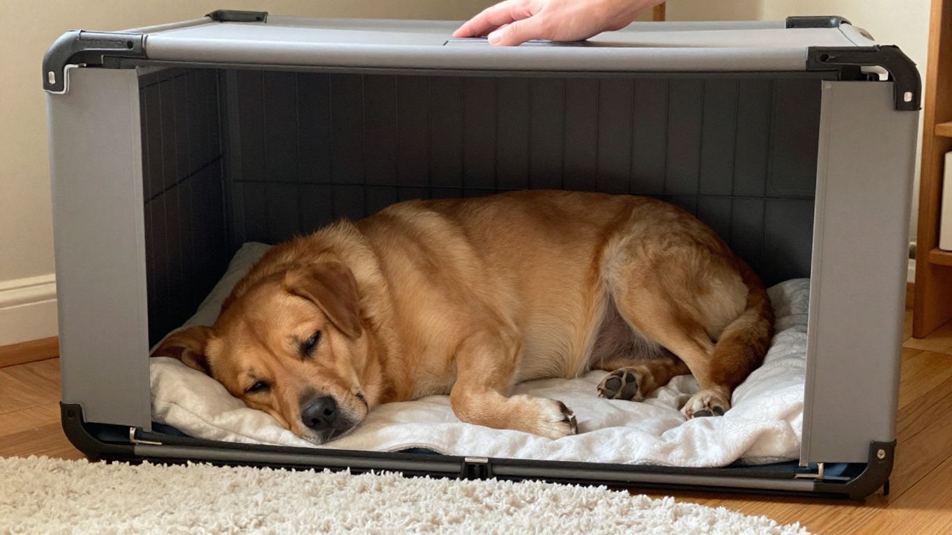 Growing dog resting in an adjusted crate