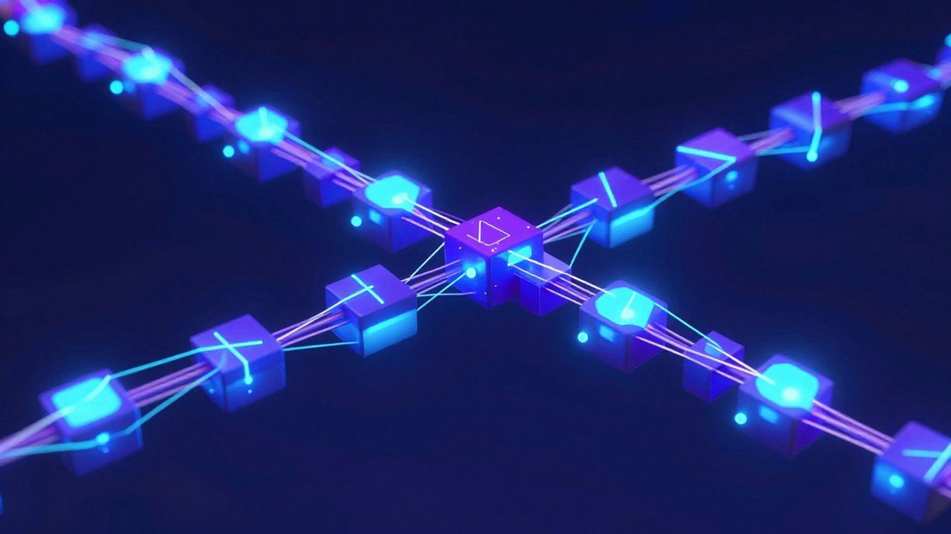 Interconnected blockchain blocks forming a digital chain.