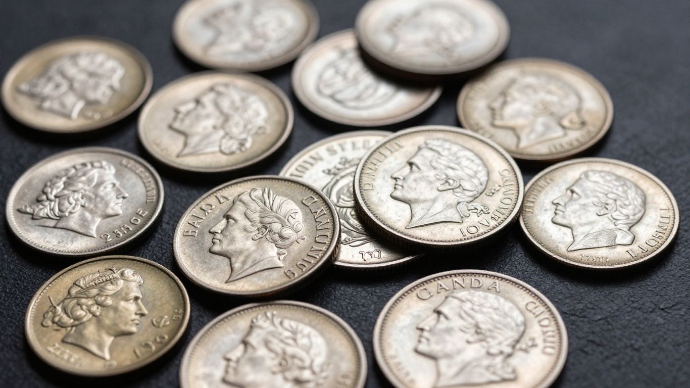 Canadian coins and US dollars on a dark surface.