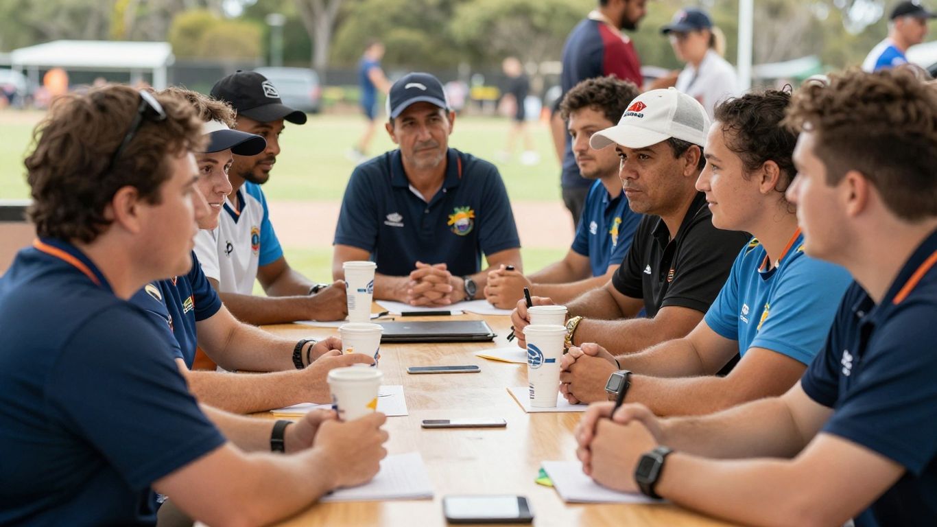 Australian sports club members meeting around a table.