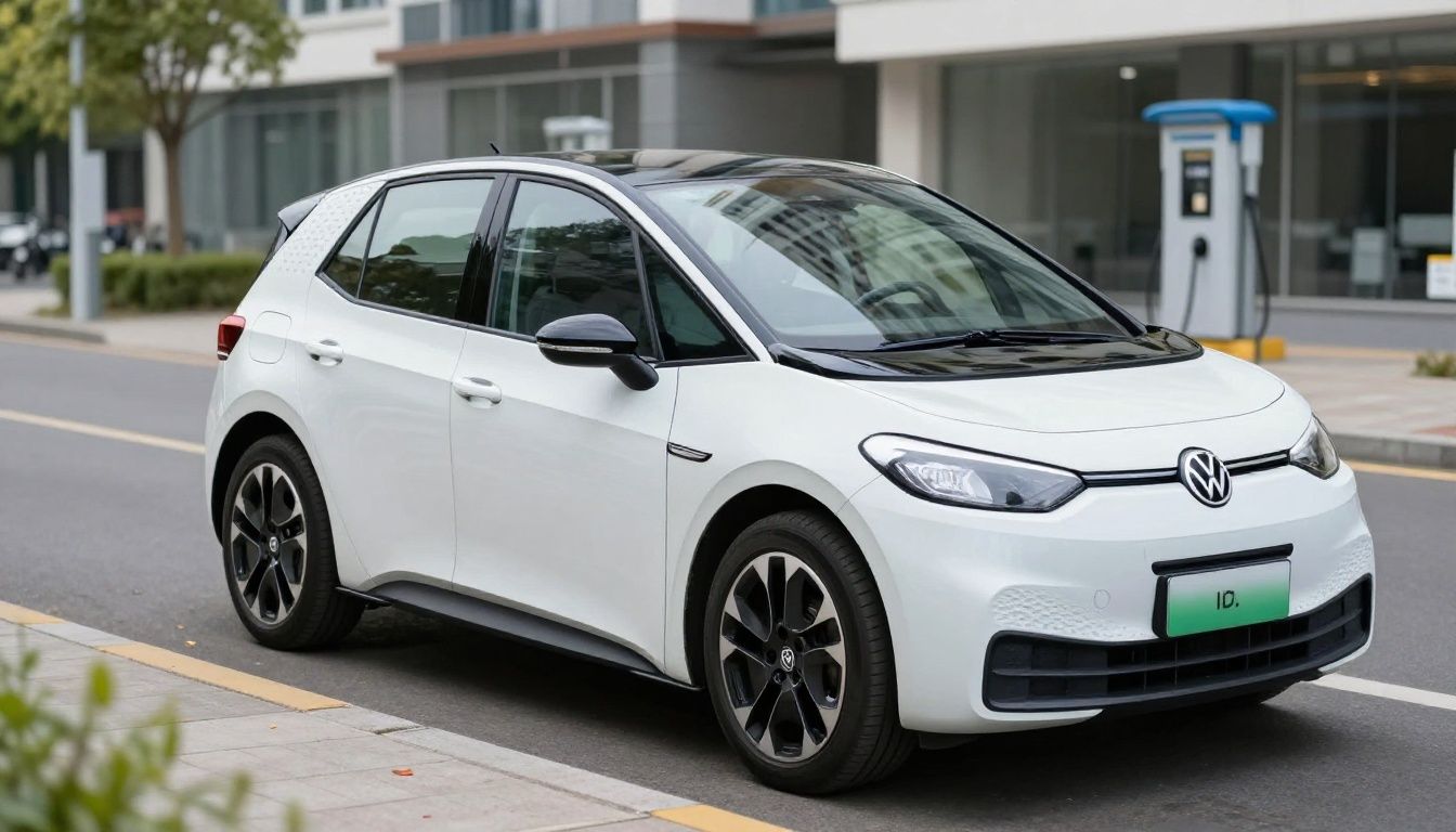 Ein gebrauchter VW ID.3 wird an einer öffentlichen Ladestation in einer städtischen Umgebung aufgeladen.