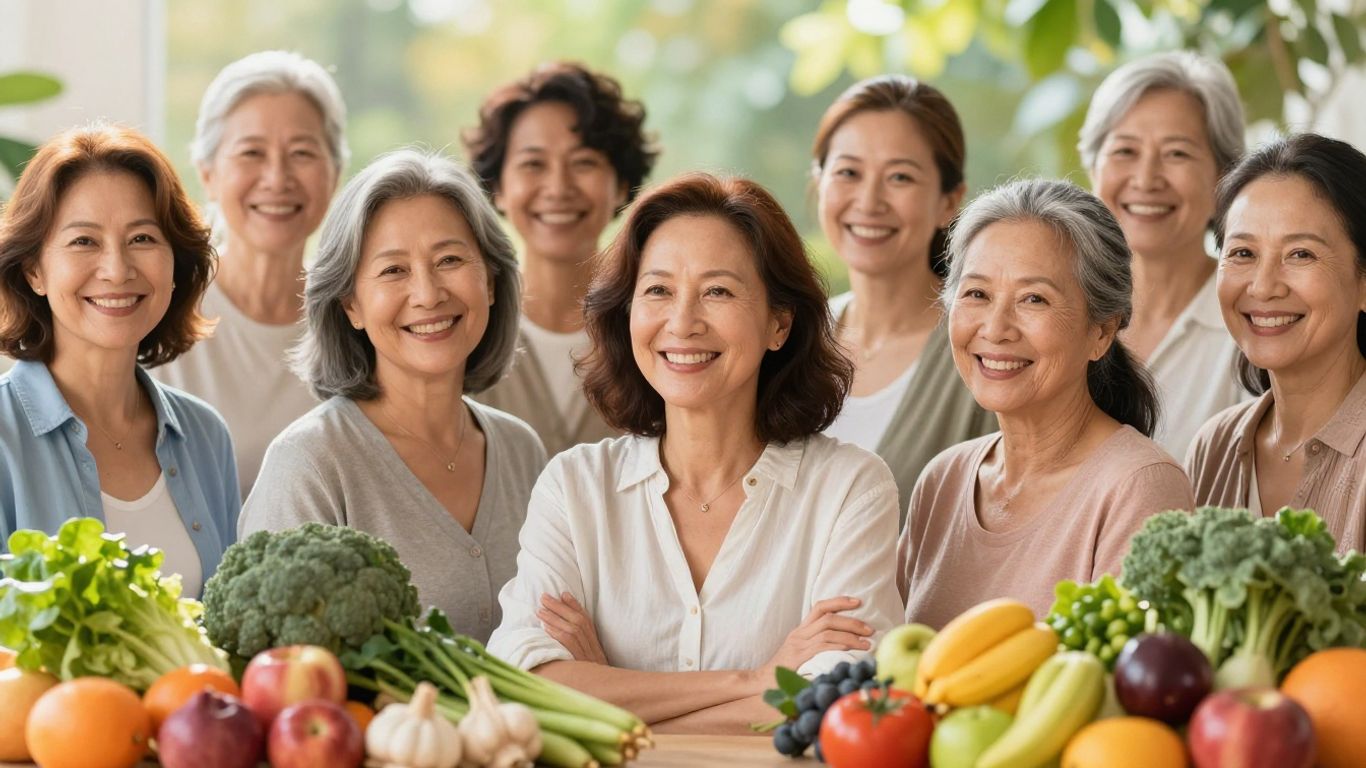 Mulheres saudáveis após os 40 com frutas e vegetais.