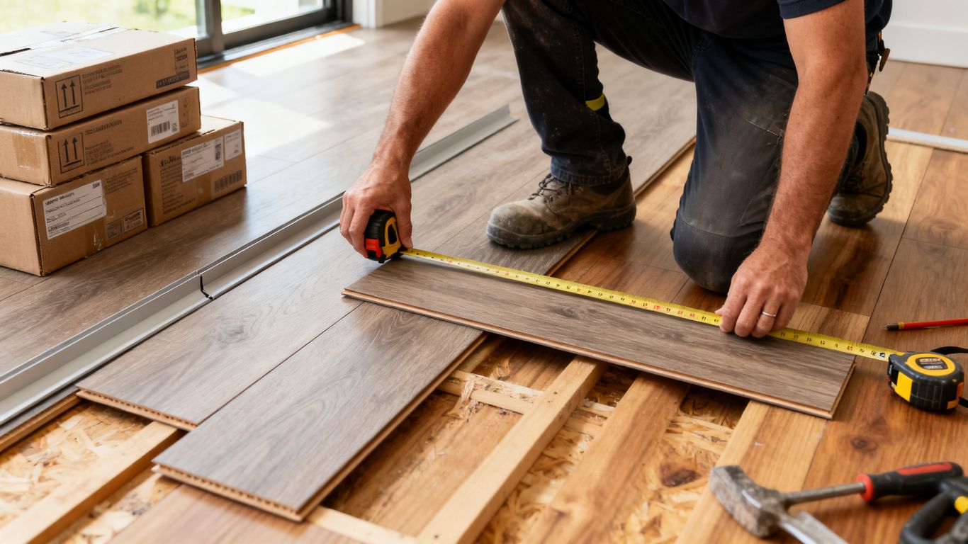 Installer measuring SPC planks in a Brisbane renovation