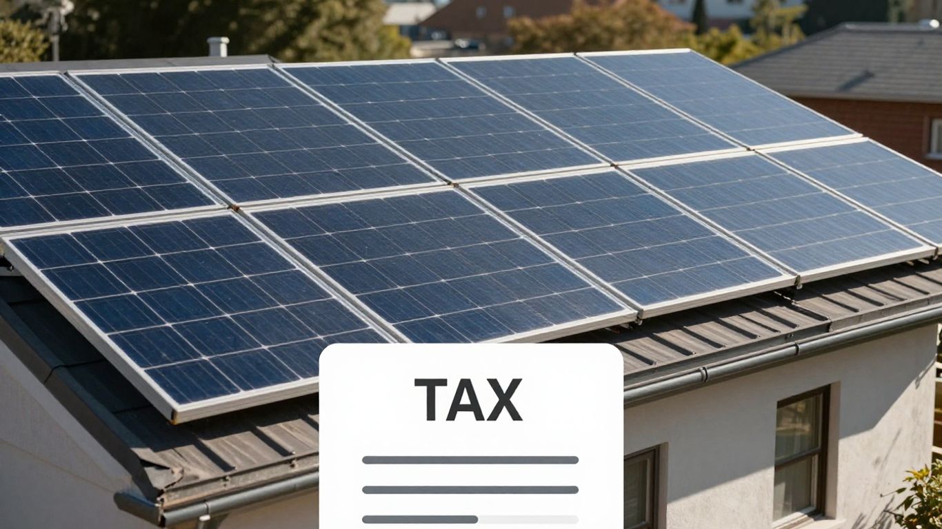 Solar panels on a roof with a house and a tax icon.