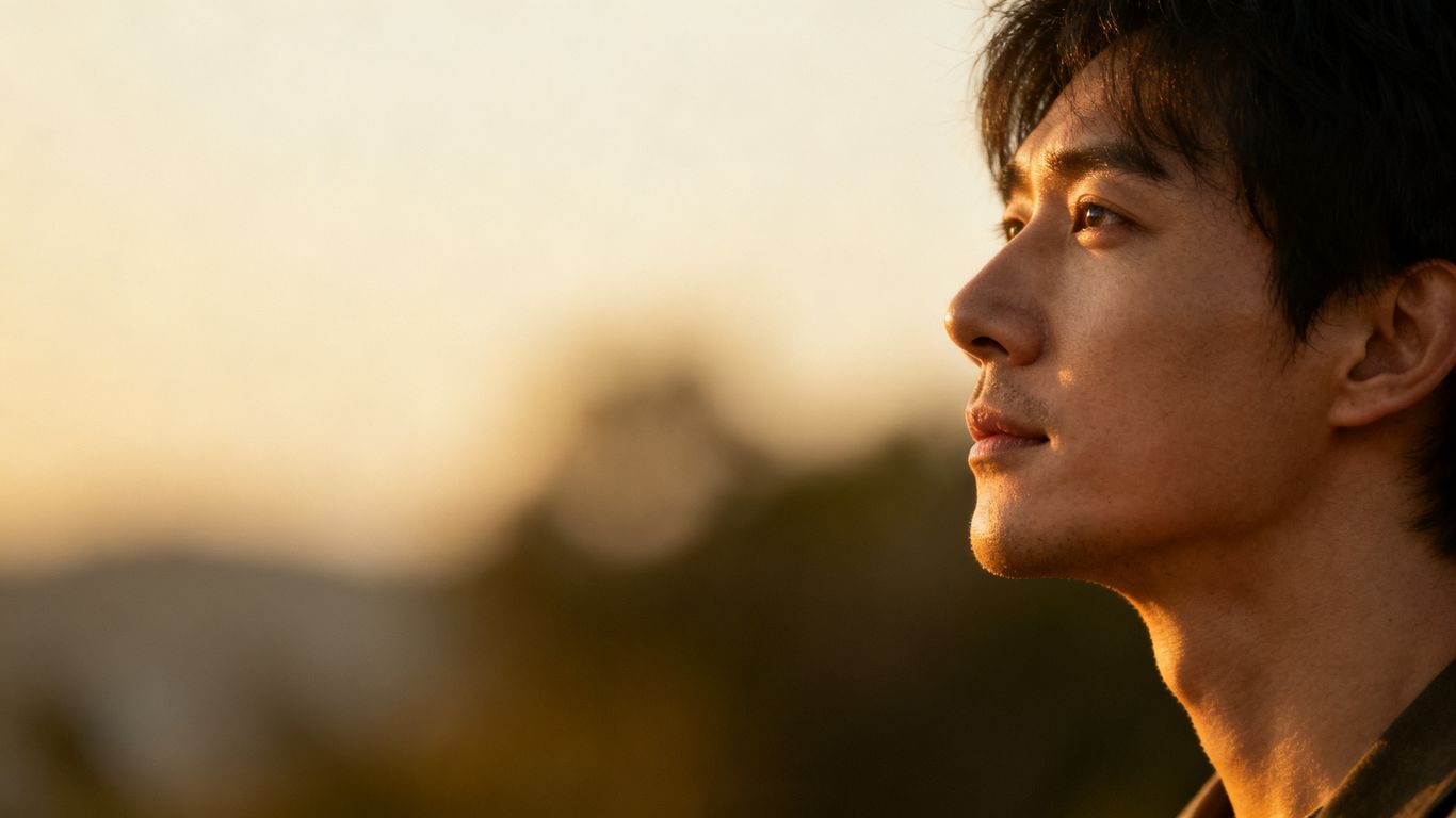 Person looking thoughtfully into the distance, calm expression.