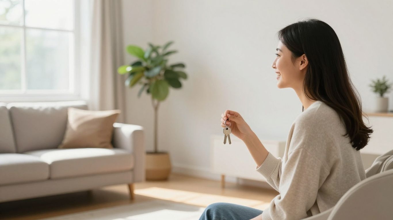 Persona feliz con llaves en una sala de estar luminosa.