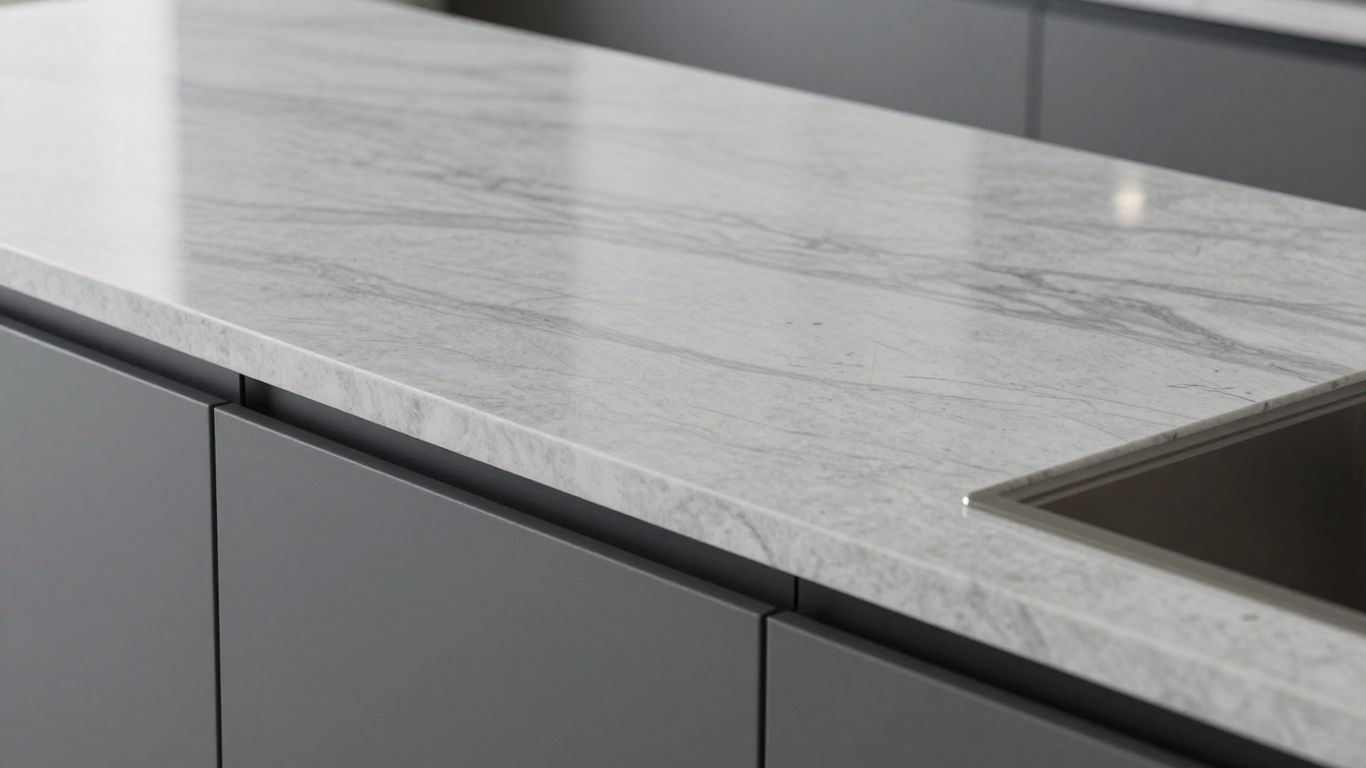 Polished quartz kitchen countertop with subtle veining.