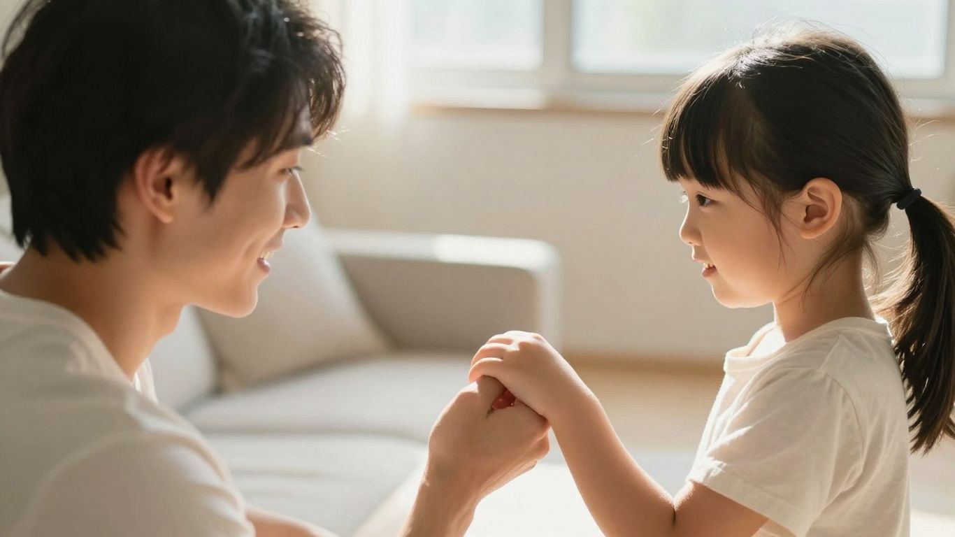 Parent and child in a balanced, kind, and firm interaction.