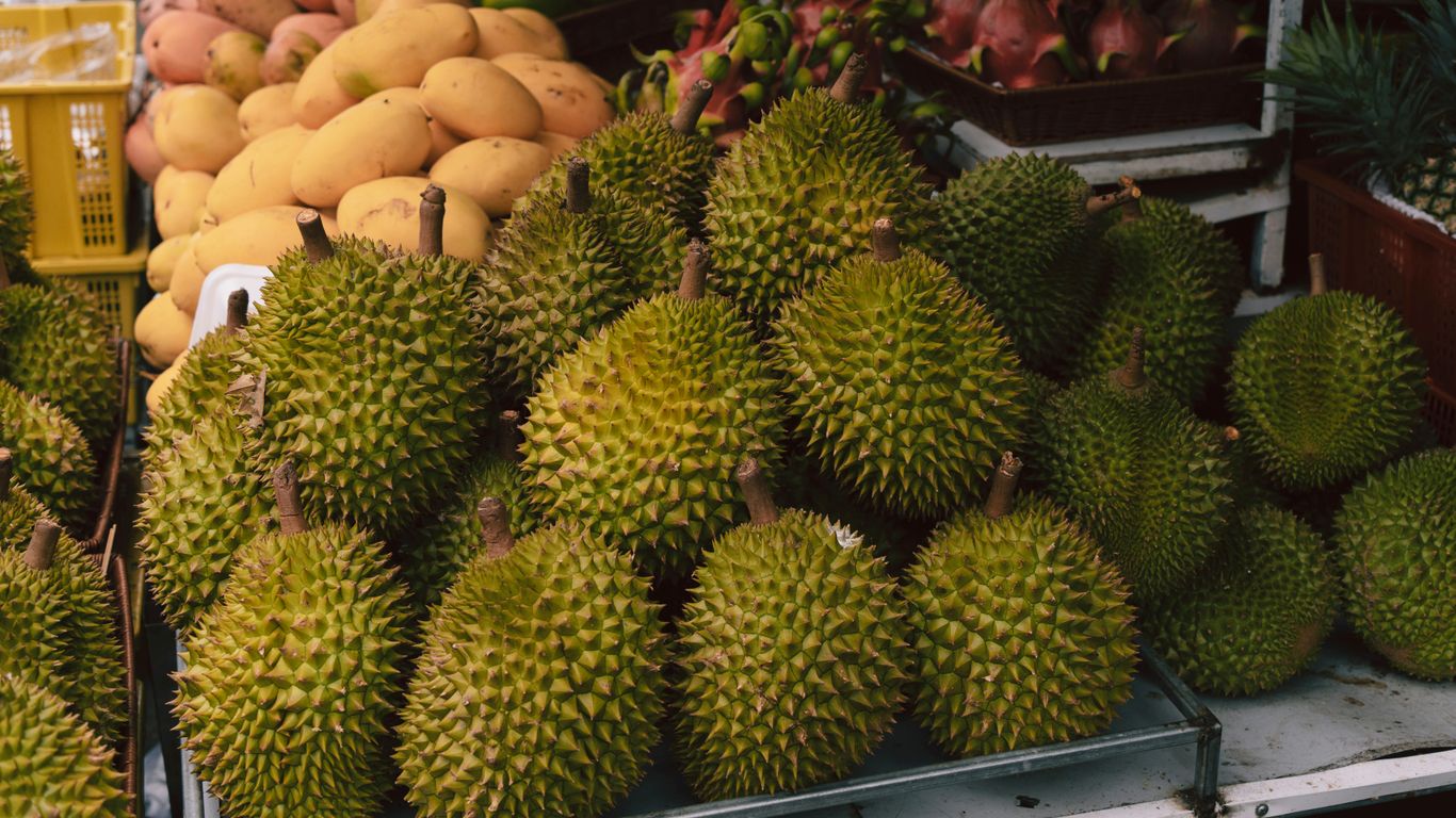 A pile of spiky durian fruits at a market.