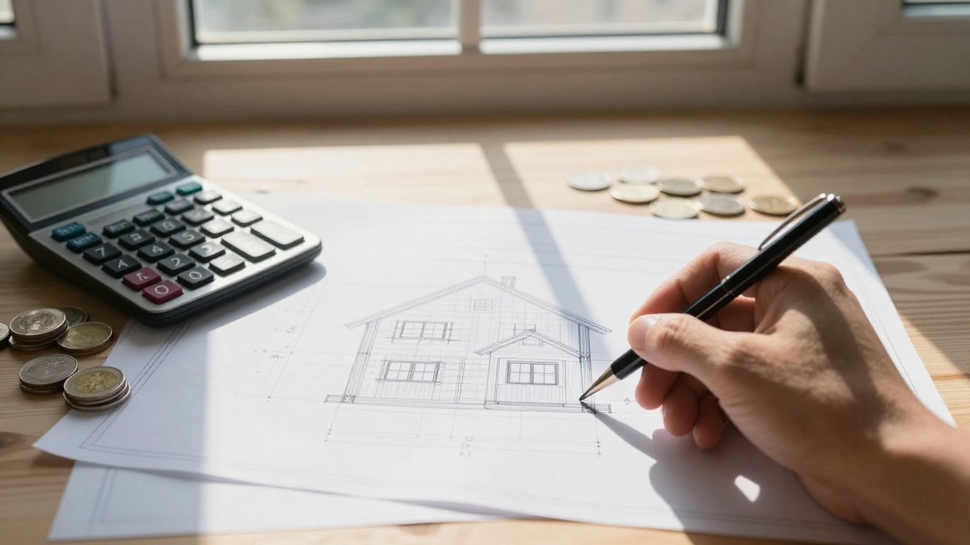Homeowner calculating home equity with coins and blueprint.
