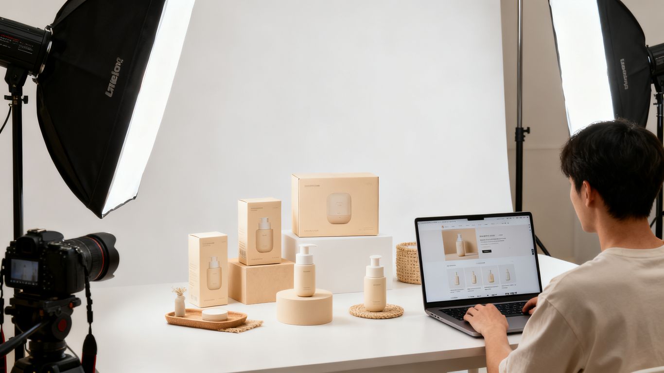 Product listing assets arranged around a clean studio product photograph