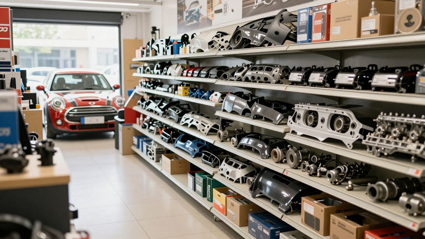 ALLMAG Auto Parts store interior with Mini Cooper parts.