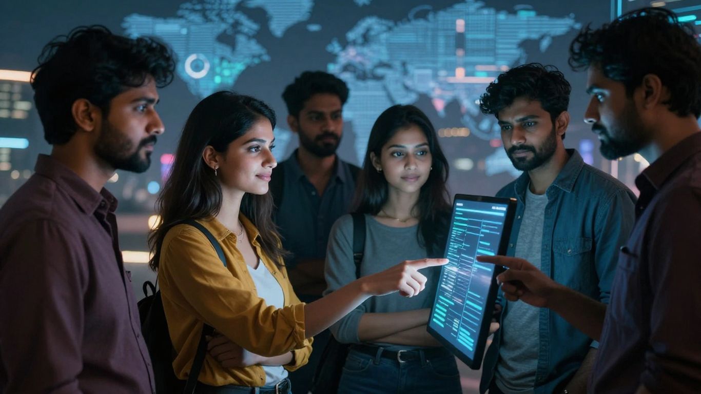 People interacting with glowing digital review screens.