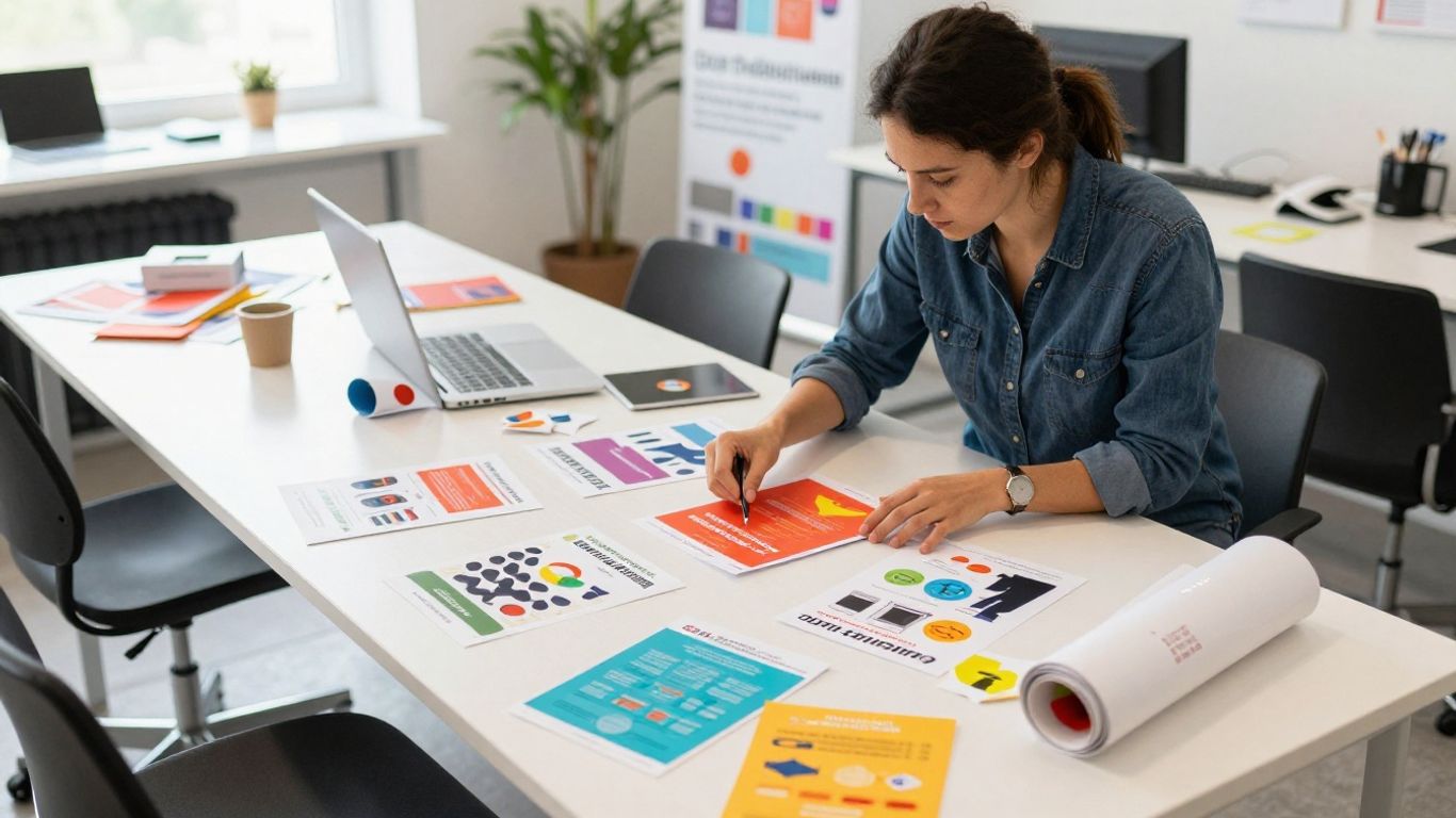 Designer la birou cu flyere și roll-up-uri colorate.