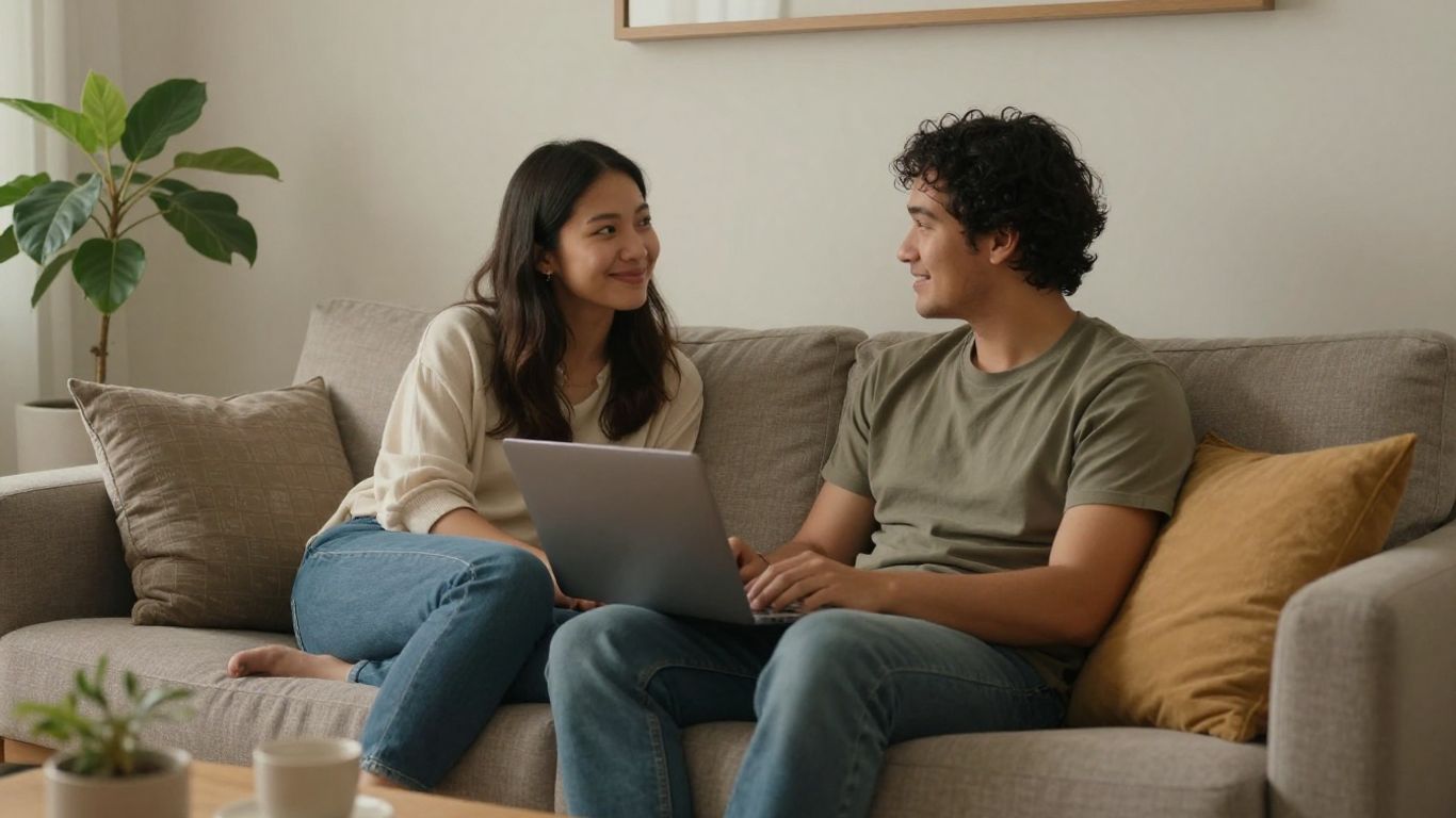 Couple relaxing together on a sofa in a cozy living room.