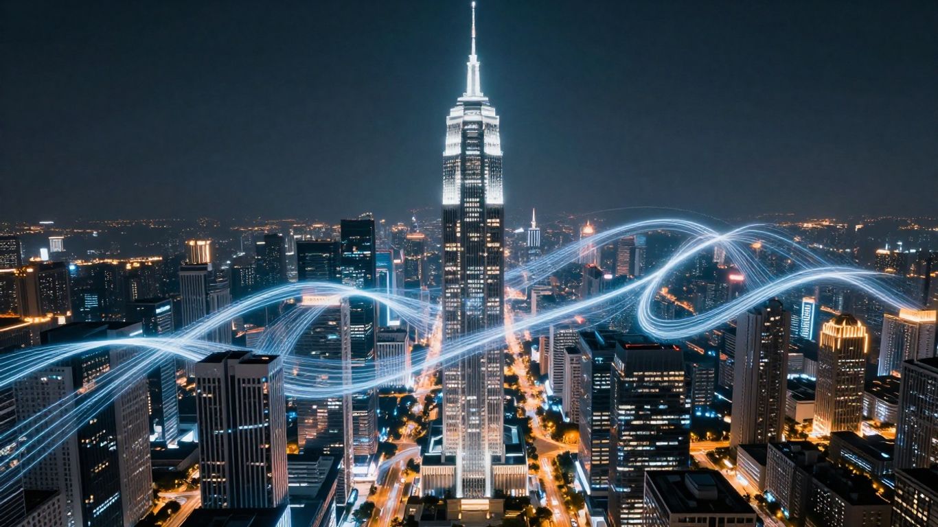 Futuristic cityscape with digital pathways and glowing lights.
