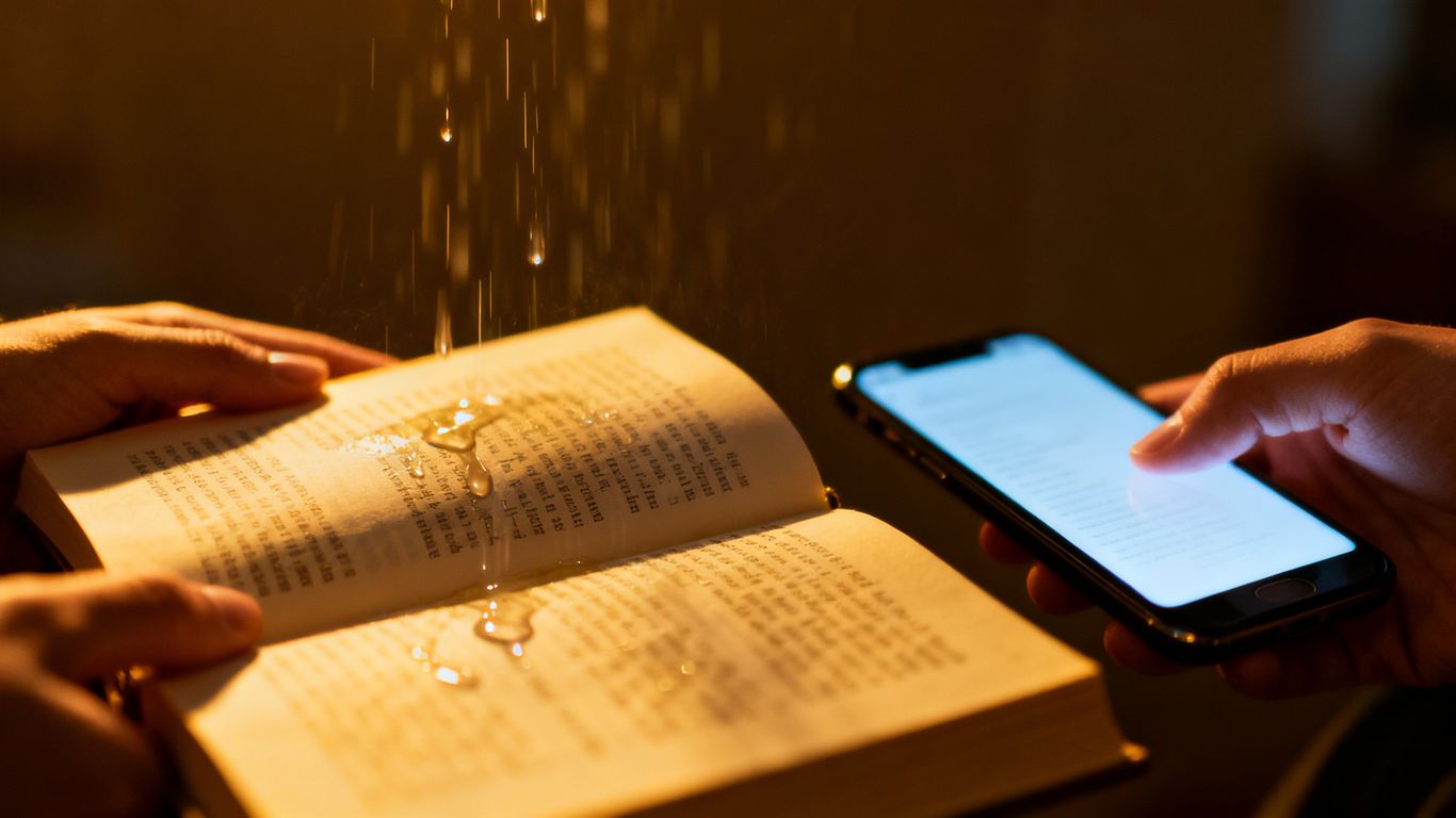 Person crying and laughing while reading a book.