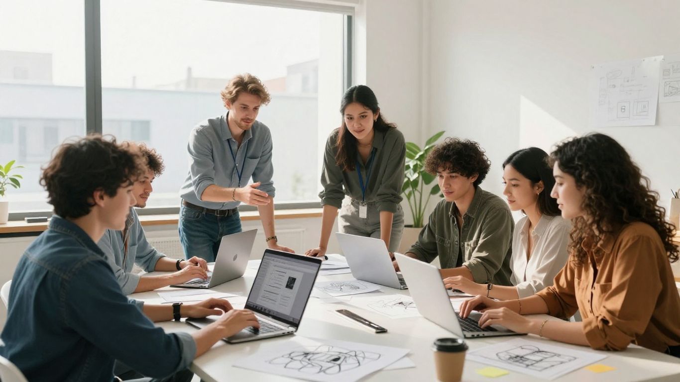 Team of designers collaborating on website projects.