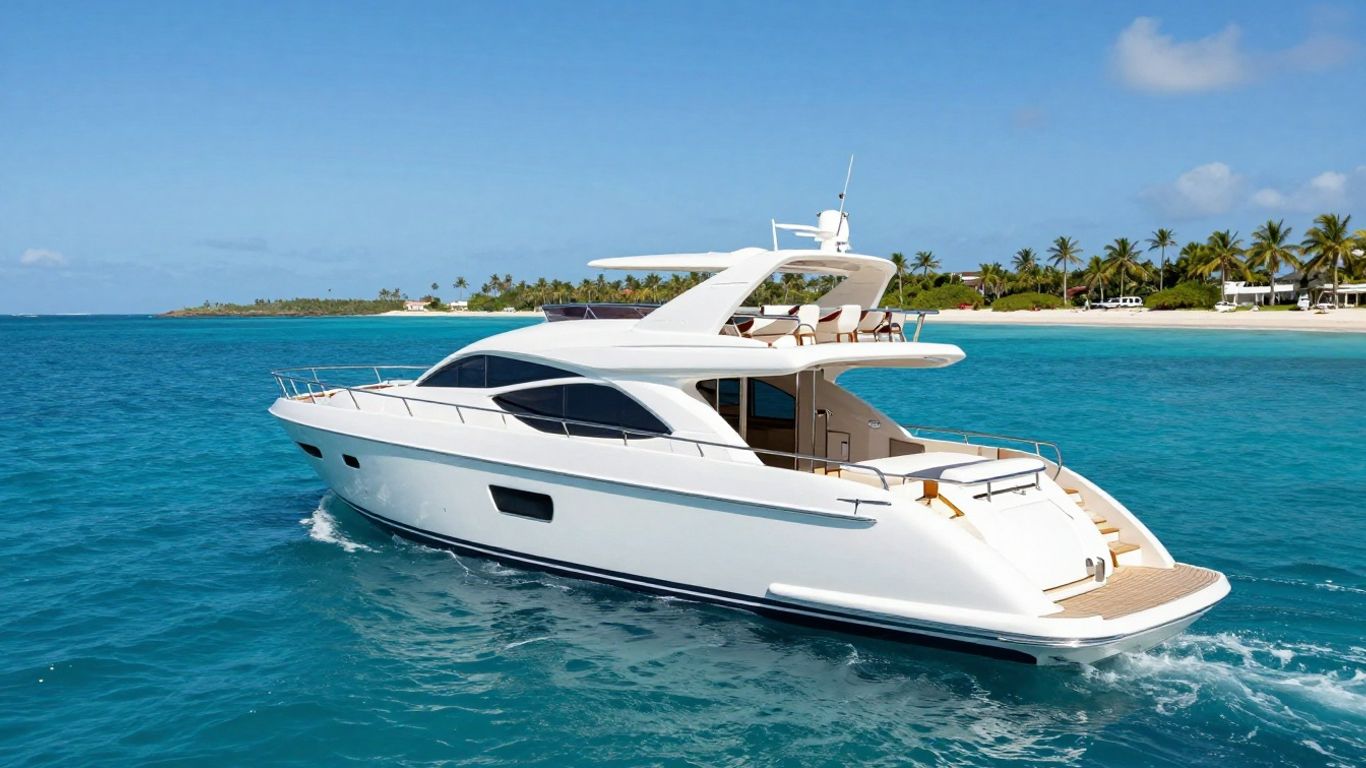 Luxurious yacht sailing on a clear blue ocean.